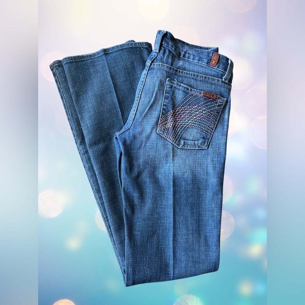 7 For All Mankind Jeans Size 27 Low Rise Bootcut Medium Wash Denim - Picture 2 of 6